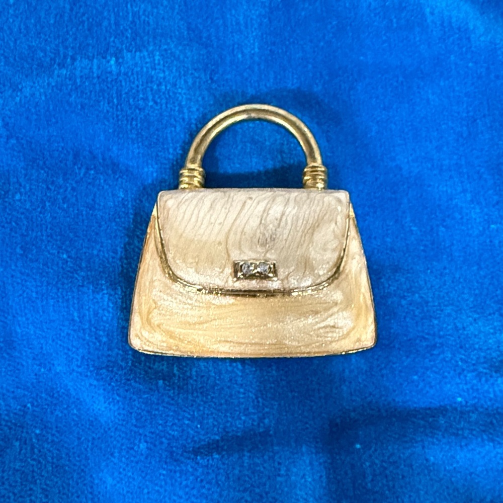 Vintage Tan Purse Rhinestone Brooch Lapel Hat Pin